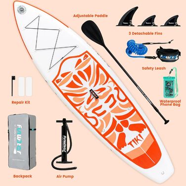 Надувний SUP (Stand Up Paddle Board) FunWater 10'6' & 11'6' з аксесуарами: весло, насос, рюкзак, плавники. Підходить для будь-якого рівня підготовки. Кольори: рожевий (10'6-TIKI ROSA), помаранчевий (10'6-TIKI ORANGE)