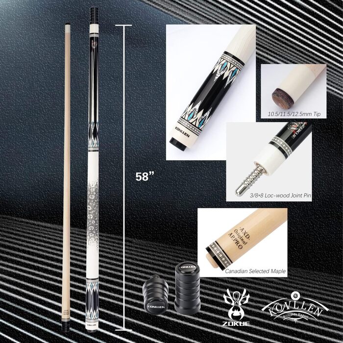 Більярдний кий KONLLEN Dragon-1 з низькою відволікаючою лінією, з подовженням та кейсом (10,5 мм, 11,5 мм, 12,5 мм наконечник Tigerspitze, XTC-гніздо, 3/8 x 8 радіальний штифт, 147 см довжина)