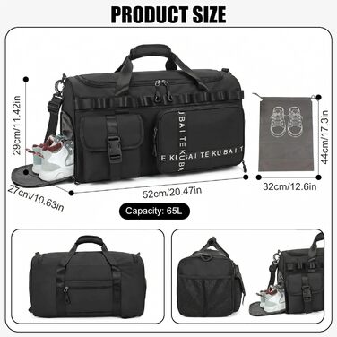 Спортивна сумка для подорожей 65Л для жінок та чоловіків, містка дорожня сумка з відділенням для взуття та вологих речей, сумка для залу та плавання (Чорна)