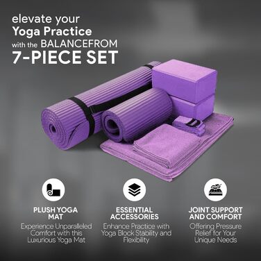 Набір для йоги BalanceFrom GoYoga 7-в-1: килимок 1/2'', ремінь, 2 блоки, рушники, наколінник, фіолетовий