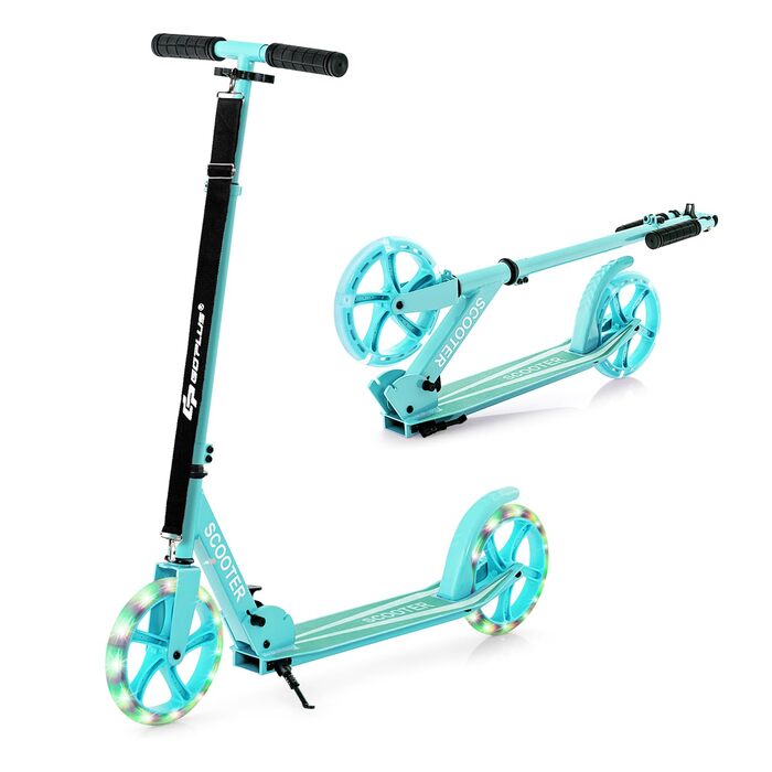 Дитячий трюковий самокат GOPLUS Roller Kinder 10 років, 3-ступенева регулювання висоти, легкий алюмінієвий, складаний, з LED-колесами, гальмом на задньому колесі, ременем та підставкою, до 100 кг, зелений