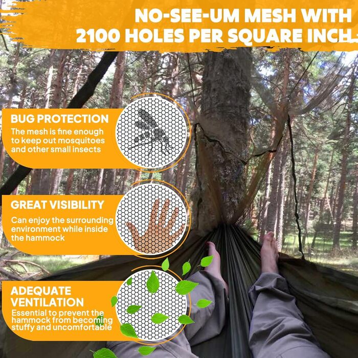 Гамак-москітна сітка NATUREFUN для кемпінгу, 300 кг, дихаючий, швидковисихаючий, армійсько-зелений (300 x 200 см)