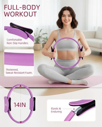 Набір для пілатесу Abahub: кільце 35см, м'яч 25см, 5 еластичних стрічок, шкарпетки для йоги, ковзаючі диски. Для жінок, домашні тренування, сила, гнучкість, стабільність та підтяжка тіла (фіолетовий)
