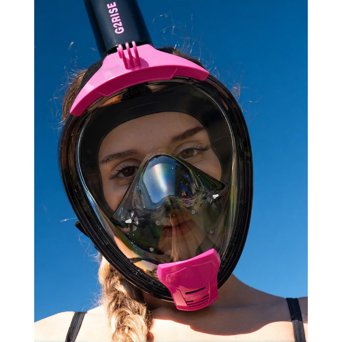 Маска для снорклінгу G2RISE Fullface, доросла, чорно-рожева (S/M) з тримачем для камери, безпечна від CO2