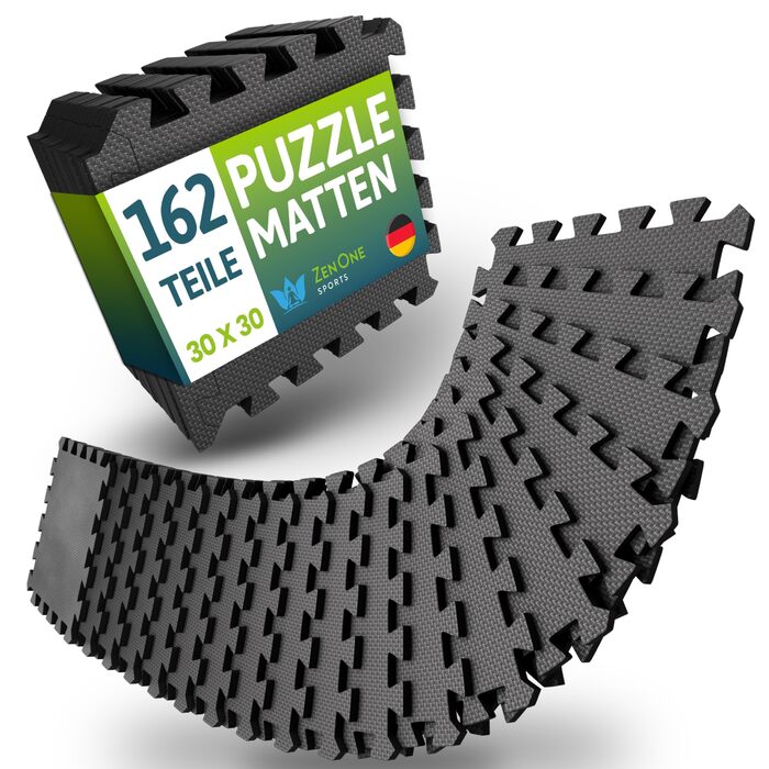 Puzzle-мат для фітнесу ZenOne Sports® 13.5 м² (162 шт) 30x30x1 см | Захисний мат для тренажерів, чорний