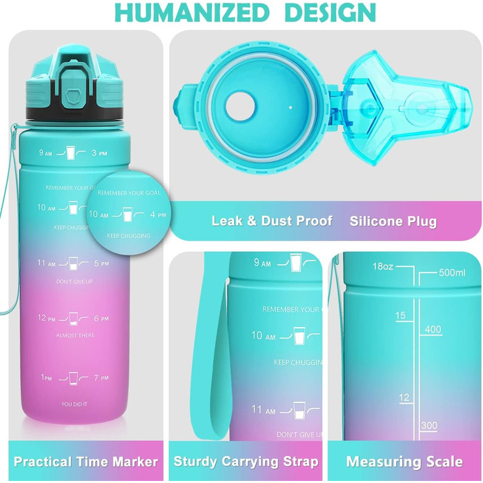 Дитяча спортивна пляшка для води Zounich 500 мл, тритан, BPA-free, для школи і велоспорту, герметична, підходить для газованої води, можна мити в посудомийній машині, смарагдово-фіолетовий градієнт