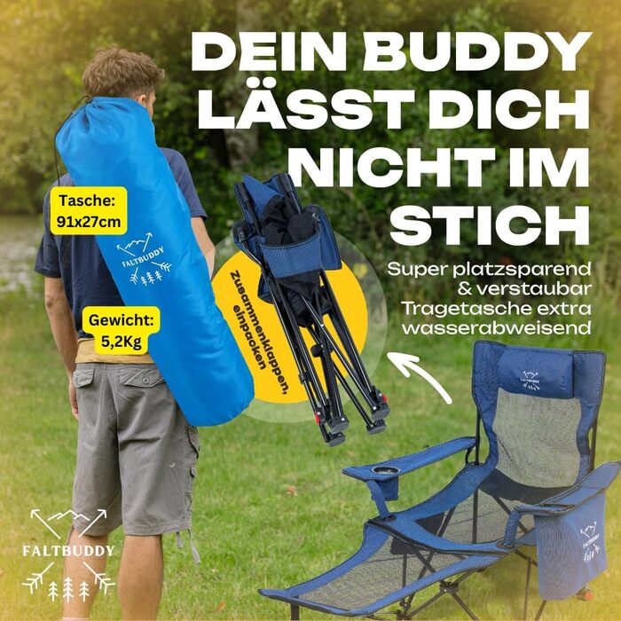 Складний стілець для кемпінгу 2в1 Faltbuddy® з підлокітником та холодильником (XXL) - стілець для риболовлі, пляжу, фестивалю, відпочинку на природі (блакитний)