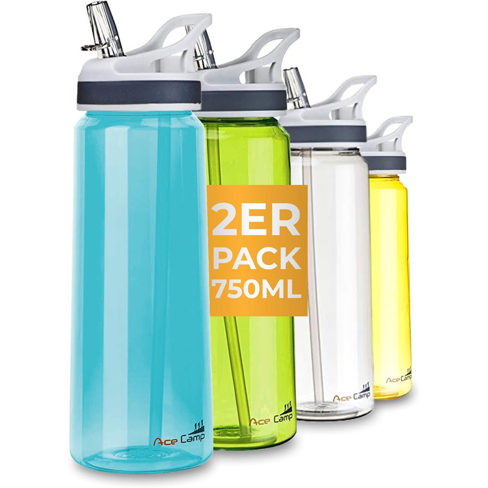 Пляшка для води AceCamp Tritan 750 мл, синя, з трубочкою, BPA-free, герметична, для спорту (2 шт.)