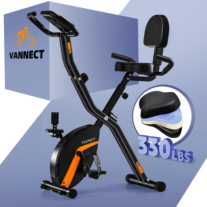 Складаний велотренажер Vannect 2025, магнітний ергометр, регульований опір, безшумний, для дому, LCD-монітор, навантаження до 160 кг, чорний/помаранчевий