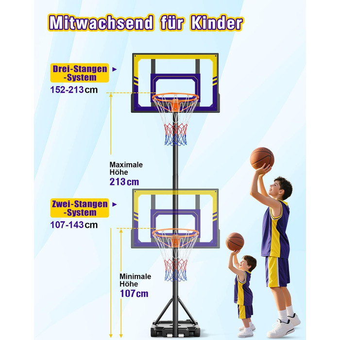 Баскетбольний кошик Outdoor для дітей, 107-213 см, з регулюванням висоти та захисною PC-стінкою