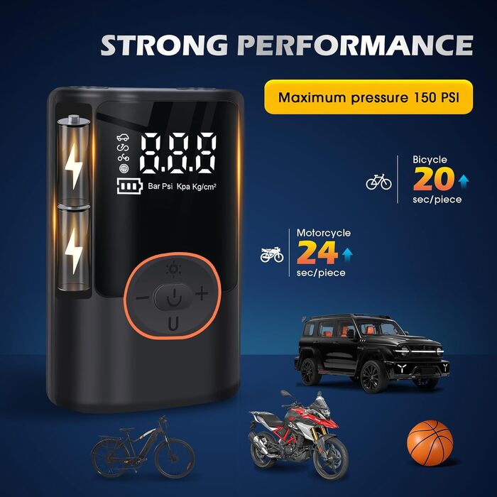 Електричний насос Vicihoho 150PSI для авто, велосипедів, мотоциклів, USB, павербанк, ліхтарик, акумуляторний компресор для шин, м'ячів