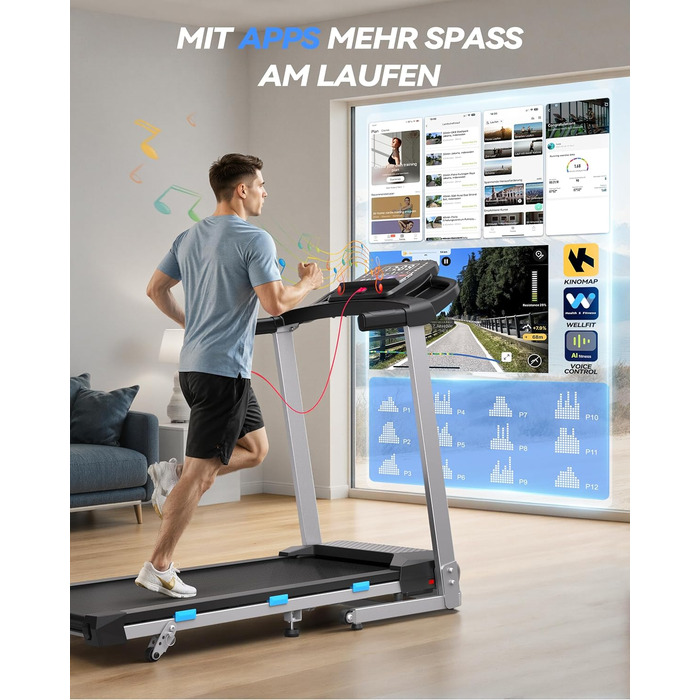 Біговий доріжки для дому Cardirun 3.0PS, 12 км/год, нахил 10%, до 160 кг, LED-дисплей, APP, Bluetooth, тиха, срільно-чорний