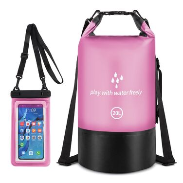 Водонепроникний сухий мішок GES 20 л Roll-Top з кишенею для телефону - для каякінгу, човнів, походів, рафтингу, плавання, кемпінгу та риболовлі (Рожевий)