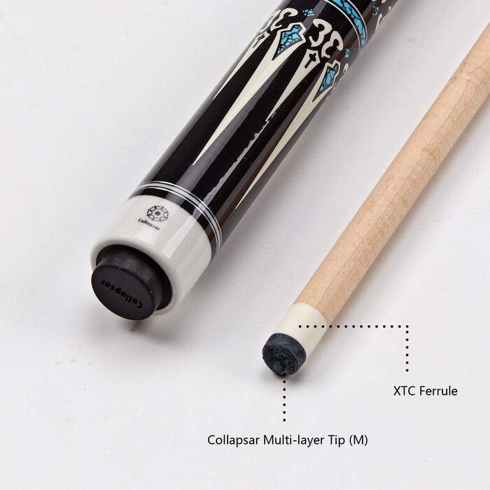 Професійний біліардний кий Collapsar CXT 58 дюймів з м'яким чохлом, чорний з кремовими точками та бірюзовим, wrapless ручка, 21 ounce