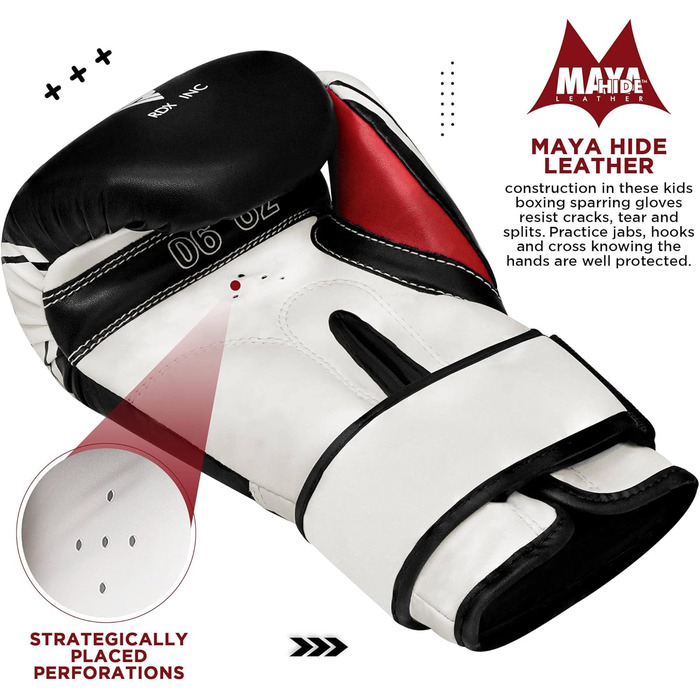 Дитячі боксерські рукавички RDX 4oz/6oz, Maya Hide шкіра, вентиляція, для тренувань, Муай Тай, ММА, кікбоксинг, чорні