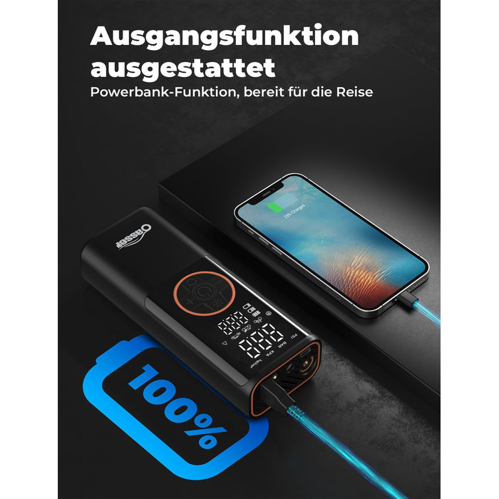 Електричний компресор Oasser з акумулятором 6000mAh, 150 PSI, з двома дисплеями, для авто, мото, велосипеда, м'ячів, подорожей та кемпінгу