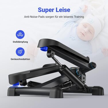MERACH Міні степер 2-в-1 для дому з LCD-монітором, до 150 кг, з мотузками для тренування ніг, рук та сідниць, блакитно-чорний