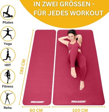 М'яка тренувальна мат Muawo для фітнесу, йоги та гімнастики | Нековзна, товста та довга | Рожева 190 x 60 x 1,5 см