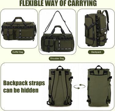 Спортивна сумка для подорожей та фітнесу 65Л з відділенням для взуття та вологих речей, велика дорожня сумка для жінок та чоловіків (армійний зелений)