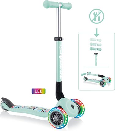 Самокат трьохколісний GLOBBER Junior Fantasy Lights складний, колеса 120/80 мм, ABEC 5, LED-підсвітка, м'ятний колір