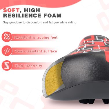 Дитячий велосипедний сидіння – м'яке та водонепроникне, з антиковзким покриттям, широке, Dual Shock для 12, 14, 16, 18, 20 дюймових велосипедів (чорний/червоний)