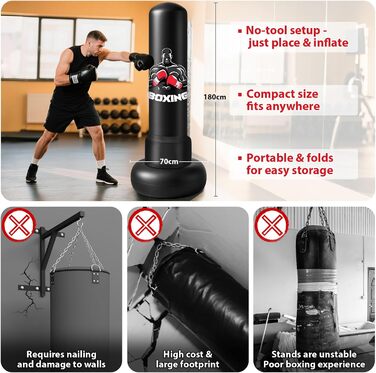 Надувний боксерський мішок Qoosea 180 см з рукавичками для дорослих та підлітків. Ідеально для таеквондо, карате, кікбоксингу та MMA