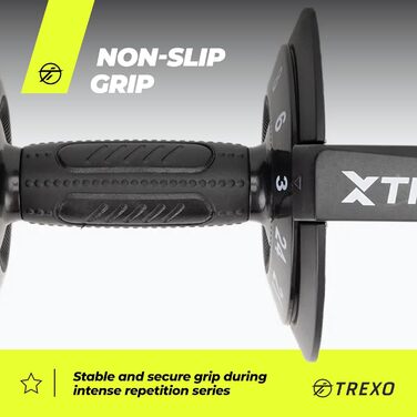 Регульована гантель TREXO 18-40 кг з поворотним регулятором ваги. Залізна гантель для силових тренувань з ергономічною ручкою.