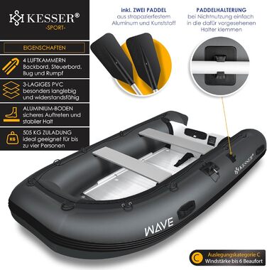 Надувний човен KESSER® Wave 320 см Комплект 6 в 1: човен, лавка, насос, весла, ремкомплект, сумка. Можливість встановлення мотора, для солоної води, антрацит