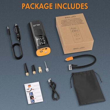 Електричний компресор ELZO для велосипедів, м'ячів та авто: 150 PSI, 7500mAh, LCD-дисплей, автостоп