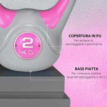 Гиря SPORTNOW 2 кг PU з піском, плоске дно, зручна ручка, для фітнесу, розтяжок, присідань та підйомів, рожева, 18x10x20 см