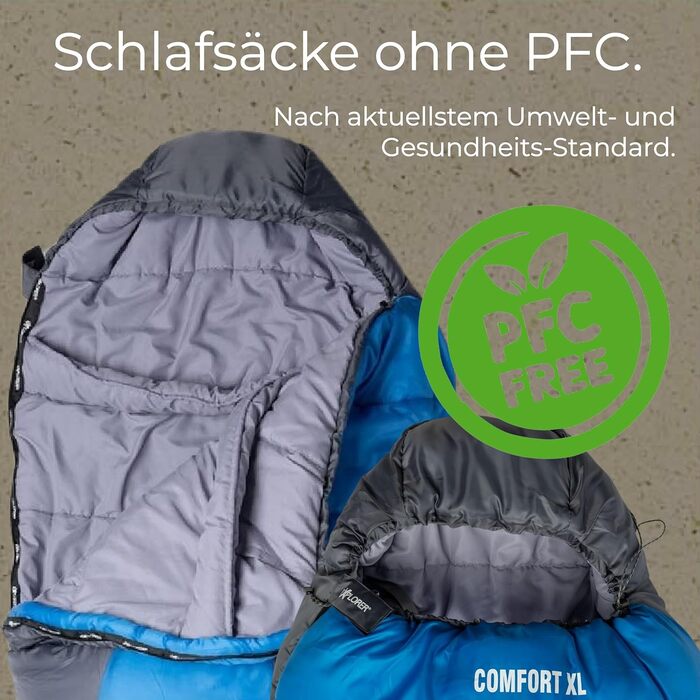 Сплячий мішок EXPLORER® Comfort XL -23°C -5°C для дорослих, 3-4 сезони, зимовий, 230x85x70cm, 1900g, комбінується, для кемпінгу, трекінгу та подорожей (Синій/Сірий)