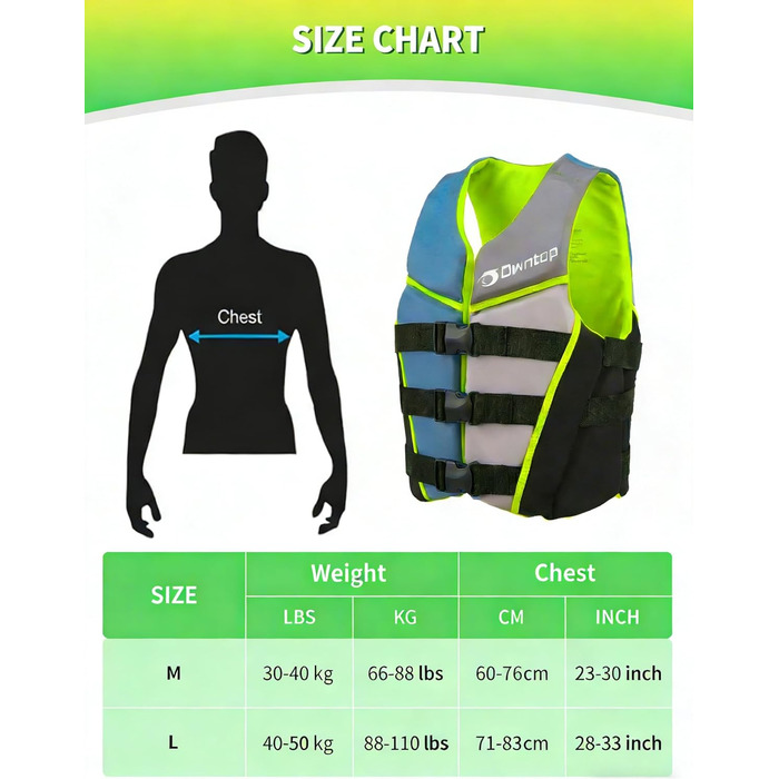Owntop Світлотехнічна жилетка для плавання, регульована, з трьохточковим ременем безпеки, для дітей та підлітків, жовта (L). Підходить для каякінгу, плавання, риболовлі та снорклінгу.