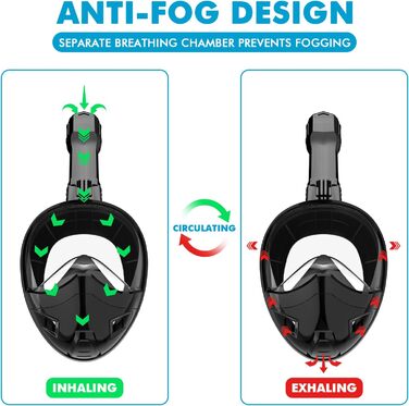Маска для снорклінгу повного обличчя з системою сухого дихання та тримачем для камери, 180° огляд (Чорний, Зелений/Чорний, S/M)