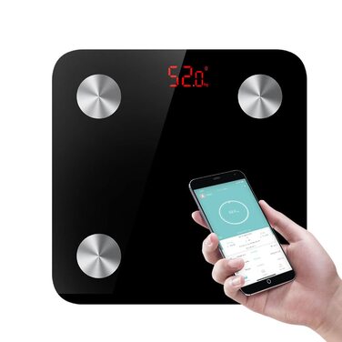 Ваги для вимірювання жиру в тілі Nilpferd, цифрові ваги, аналіз складу тіла з APP та Bluetooth, 180 кг, високоточні сенсори, сумісність з iOS та Android, батареї в комплекті, чорний