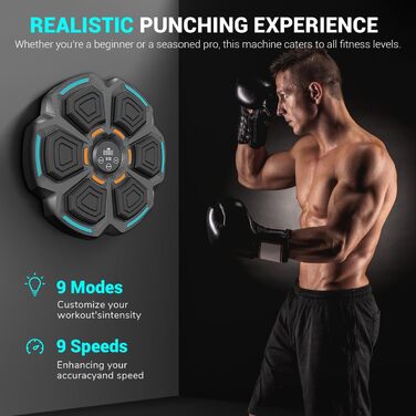 Музична бокс-машина Viriech з LED-підсвічуванням та боксерськими рукавичками, Bluetooth, настінний монтаж, 9 режимів швидкості та режим підрахунку, подарунок для дітей та дорослих