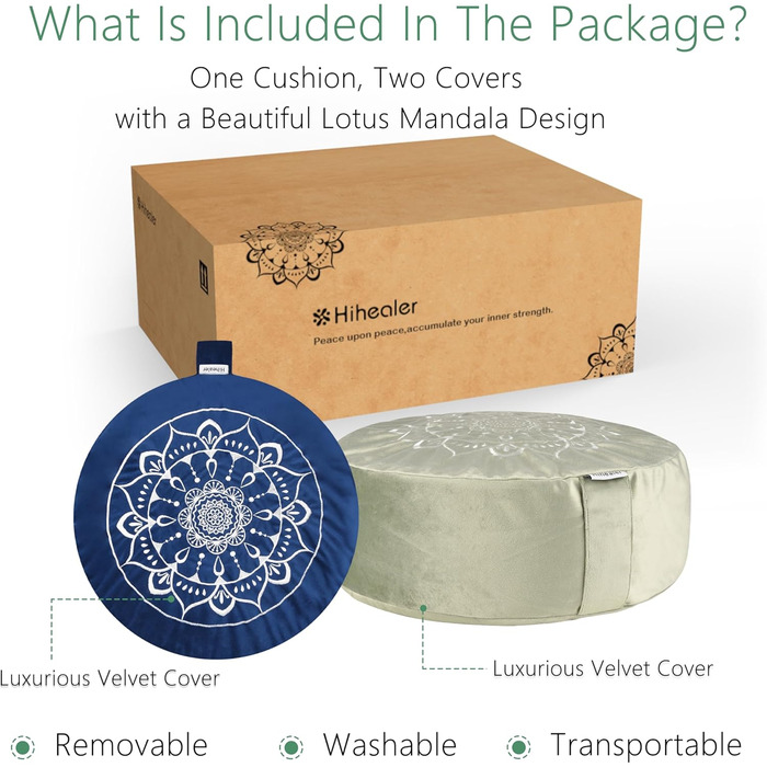 Традиційне медитаційне подушка Hihealer Zafu з льоновим наповнювачем та додатковим оксамитовим чохлом, зелено-блакитного кольору