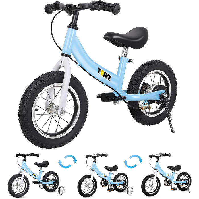 Дитячий велосипед YBIKE 2-в-1: біговел та велосипед, 12/14/16 дюймів, з гальмами та педалями, для дітей 1-7 років, блакитний
