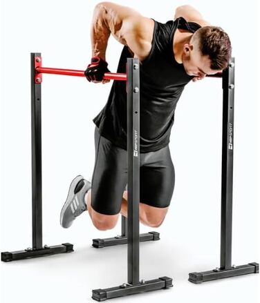 HOP SPORT Турнік для віджимань Dip Stange - надійна та регульована стійка для віджимань до 140 кг - тренажер для силових тренувань + неопренові рукавички в комплекті, чорний