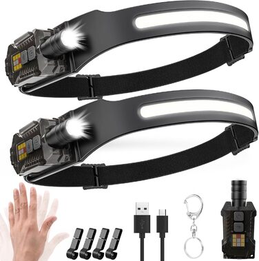 LED налобний ліхтар з перезарядкою, 2000 люменів, 230° кут огляду, регульована головка, сенсор, 9 режимів освітлення з UV лампою, знімний магнітний, легкий, для кемпінгу, бігу, походів, риболовлі, 2 шт.