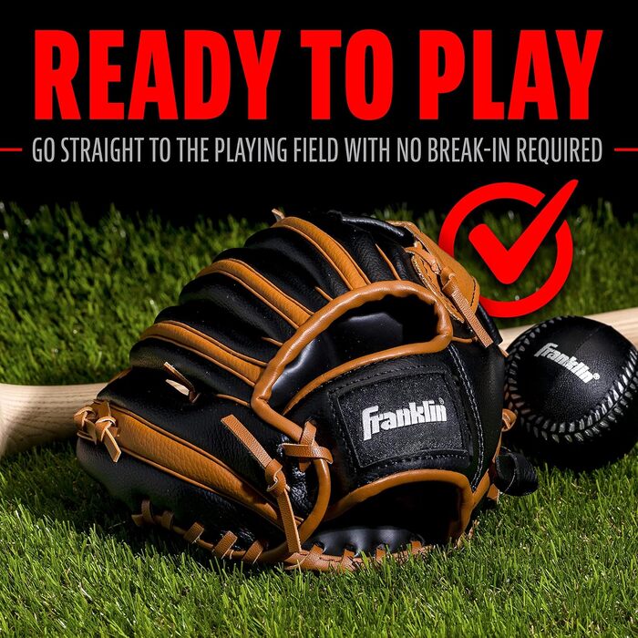 Рукавичка для бейсболу Franklin Sports RTP Kinder Teeball (для дітей, 24.1 см, права рука) + М'яч - Чорно-коричневий