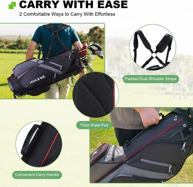 Гольф-сумка MAZEL з 6-ма перегородками, 7 водонепроникними кишенями, великим об'ємом, водонепроникним матеріалом та товстим підпоясом, легка (чорна)