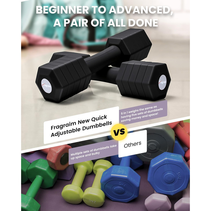 Набір гантелей Fragraim регульовані, 5,44 кг, 4-в-1, для дому, з м'якими ручками, чорний