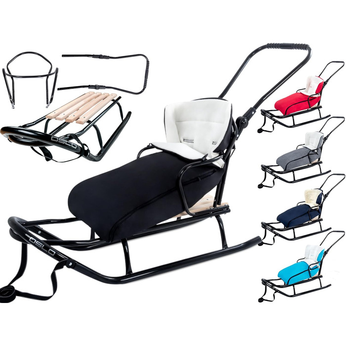 Металевий санний Oslo з підніжкою, ременями безпеки, ручкою для штовхання та мішком для ніг. Ідеальний для дітей та дорослих. Максимальне навантаження: 120 кг (чорний)