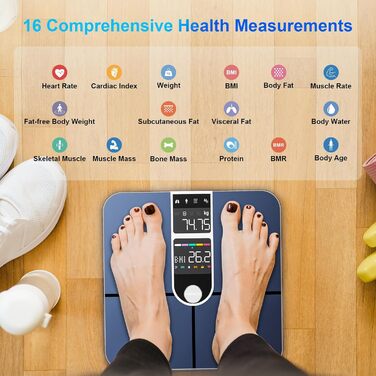 Healthkeep Розумні ваги для тіла, Bluetooth, 2 дисплеї, ITO-покриття, 16 показників, вимірювання пульсу, додаток для Android та iOS, максимальна вага 180 кг, сріблясті