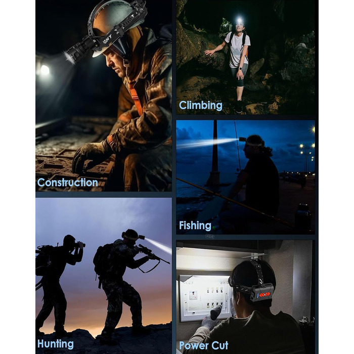 LED налобний ліхтар перезарядна, 100 000 люкс, 12 режимів, червоне світло, IPX7, для кемпінгу, риболовлі, активного відпочинку