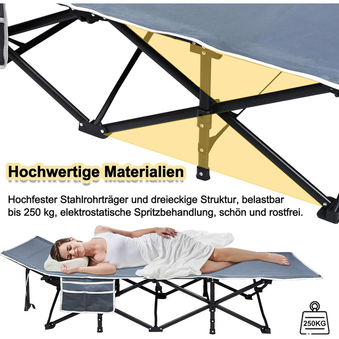 Розкладне ліжко VA-Cerulean для кемпінгу та відпочинку: міцне, легке, з кишенею та сумкою для транспортування (250 кг, 190x62x38 см)