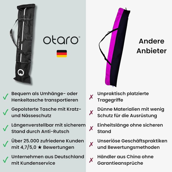 Чохол для лиж Otaro Skitasche: набір для 1 або 2 пар лиж, чорний, регульований, водовідштовхувальний