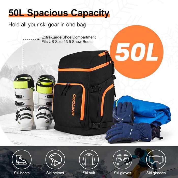 Сумка для лиж Odoland Skitasche Set: комбо для лиж та взуття, водонепроникна, до 200 см, для чоловіків та жінок (Помаранчевий)