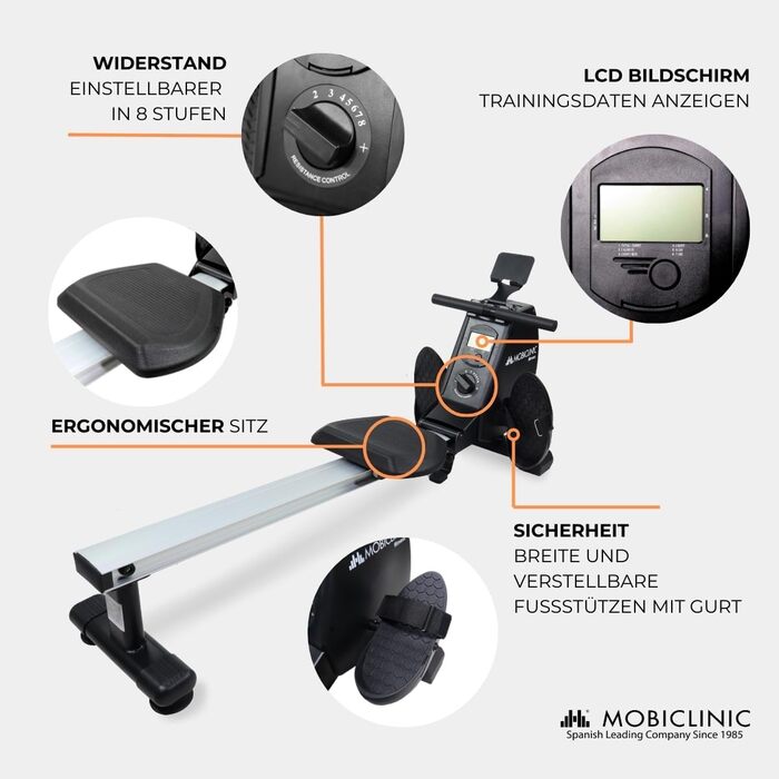 Гребний тренажер Mobiclinic RowFit, магнітний, 8 рівнів, безшумний, LCD, для дому, до 120 кг