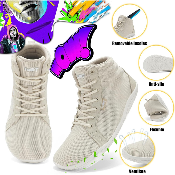 Босижні кросівки хай-топ для чоловіків та жінок. Широкі, легкі, зручні босижні кросівки для ходьби, трейлраннінгу, фітнесу. Zero Drop підошва, антиковзаюча, білі (47 EU, світло-хакі)